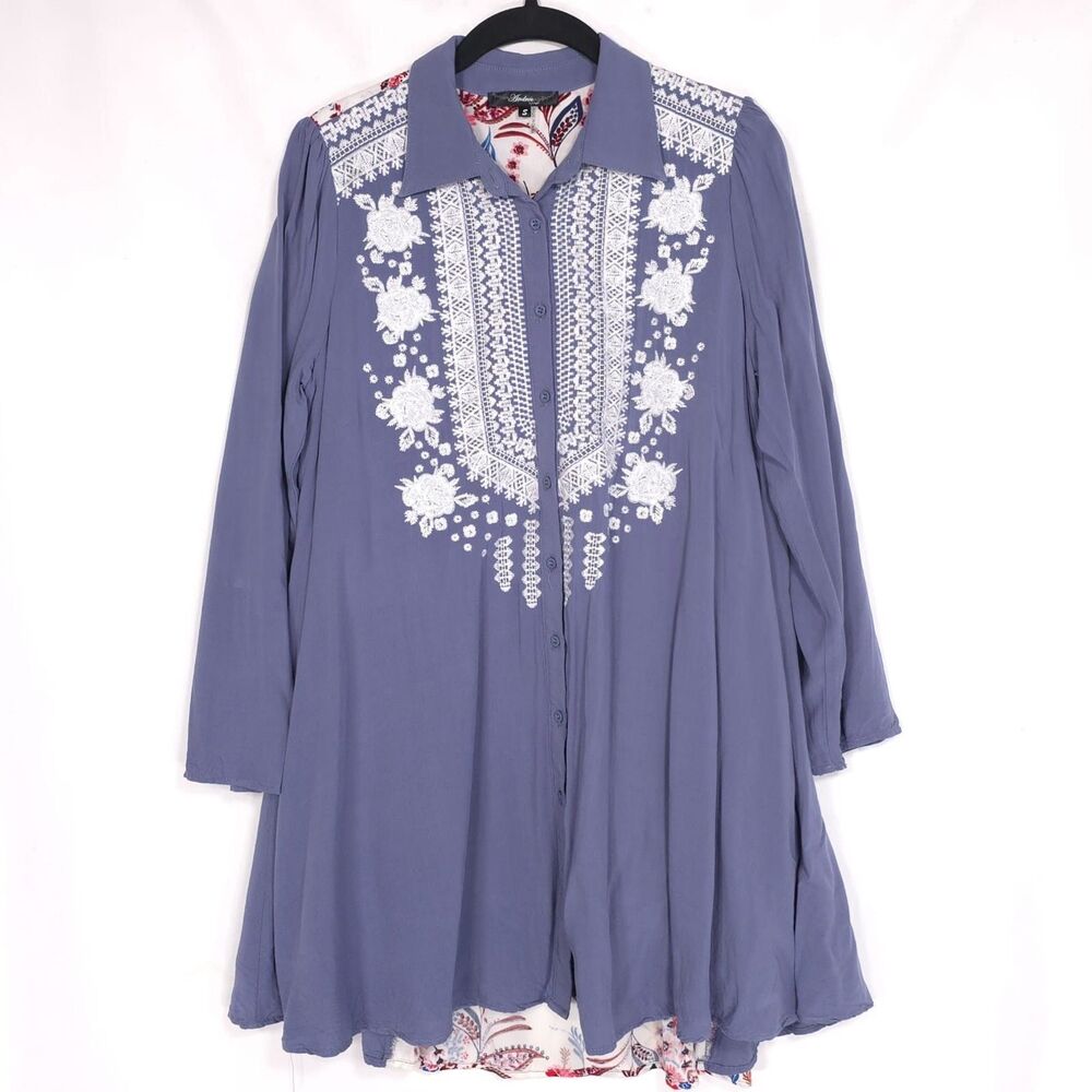 Andree by Unit Tunic Dress S Blue Embroidered Boho Floral Back Button Front